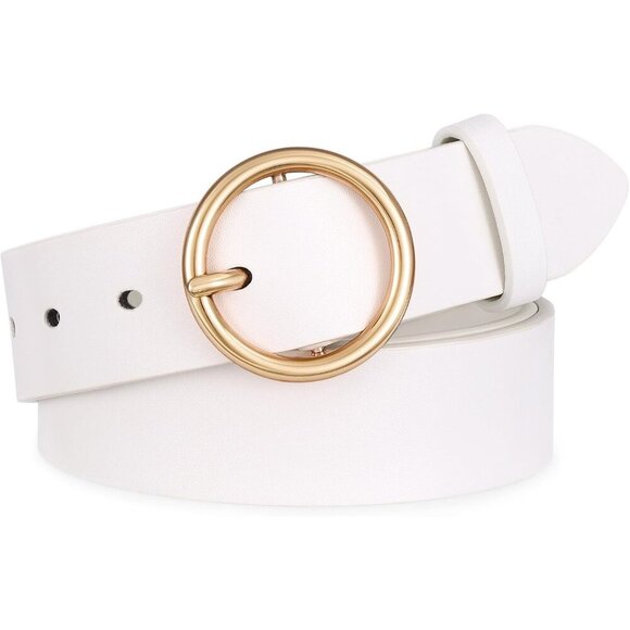 Women Leather Belt with Circle Gold Buckle Fashion Ladies Waist Belt White main image 5